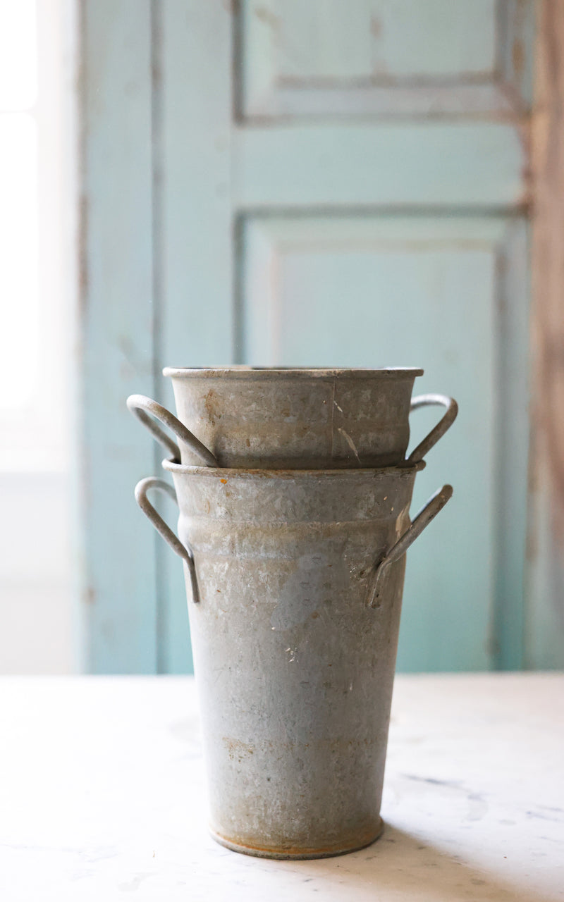 Set of Two Petite Vintage French Zinc Flower Buckets