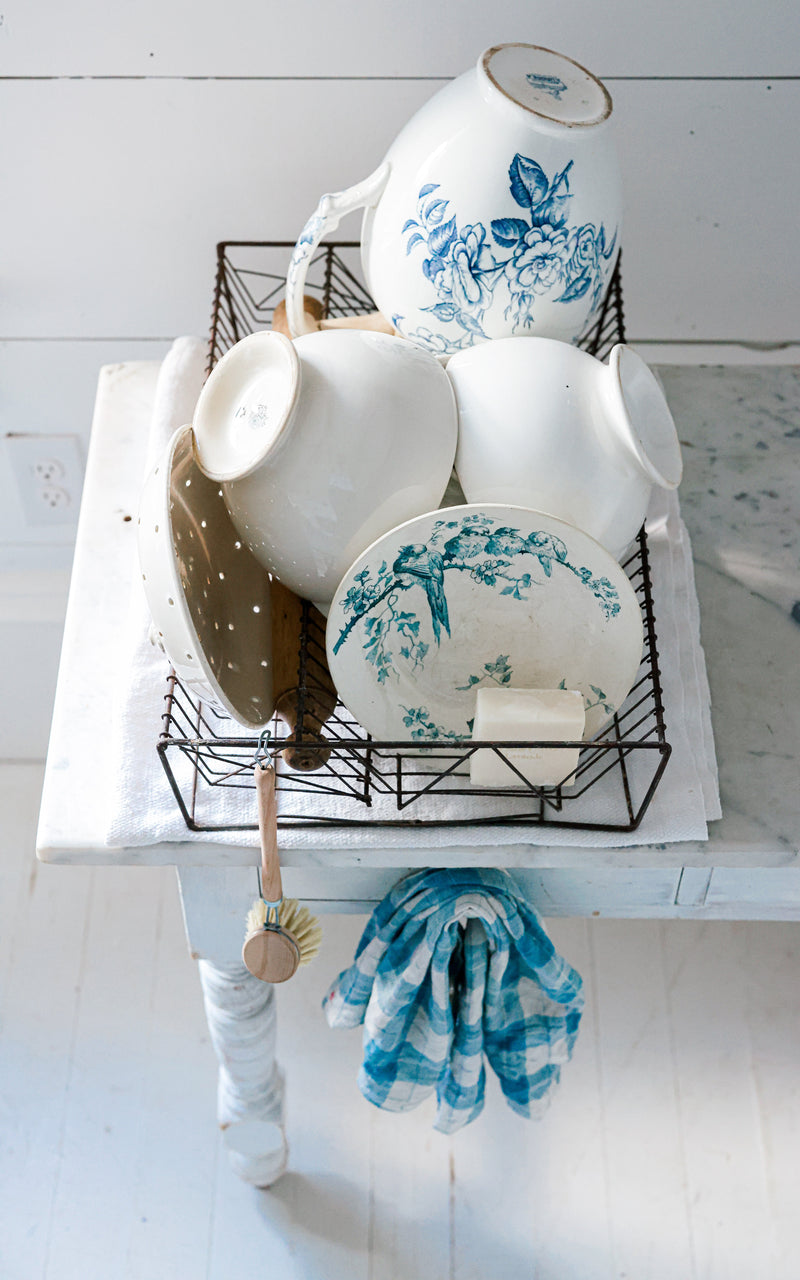Vintage French Drying Rack, Iris Hantverk Dish Brush, Liz June's Atelier Dish Soap, French Linen Towel