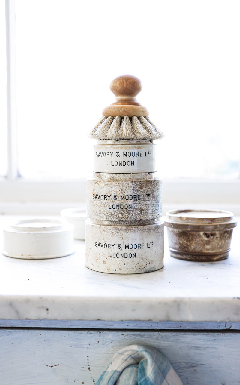 Vintage English Ironstone Pot, Liz June's Atelier Lavender Essential Oil Dish Soap, Iris Hantverk Brush