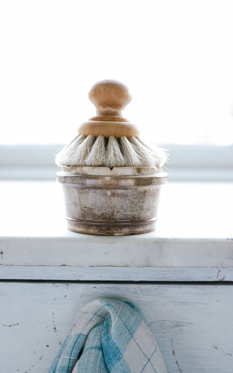 Vintage French Ironstone Pot Filled With Liz June's Atelier Lavender Dish Soap, Iris Hantverk Dish Brush