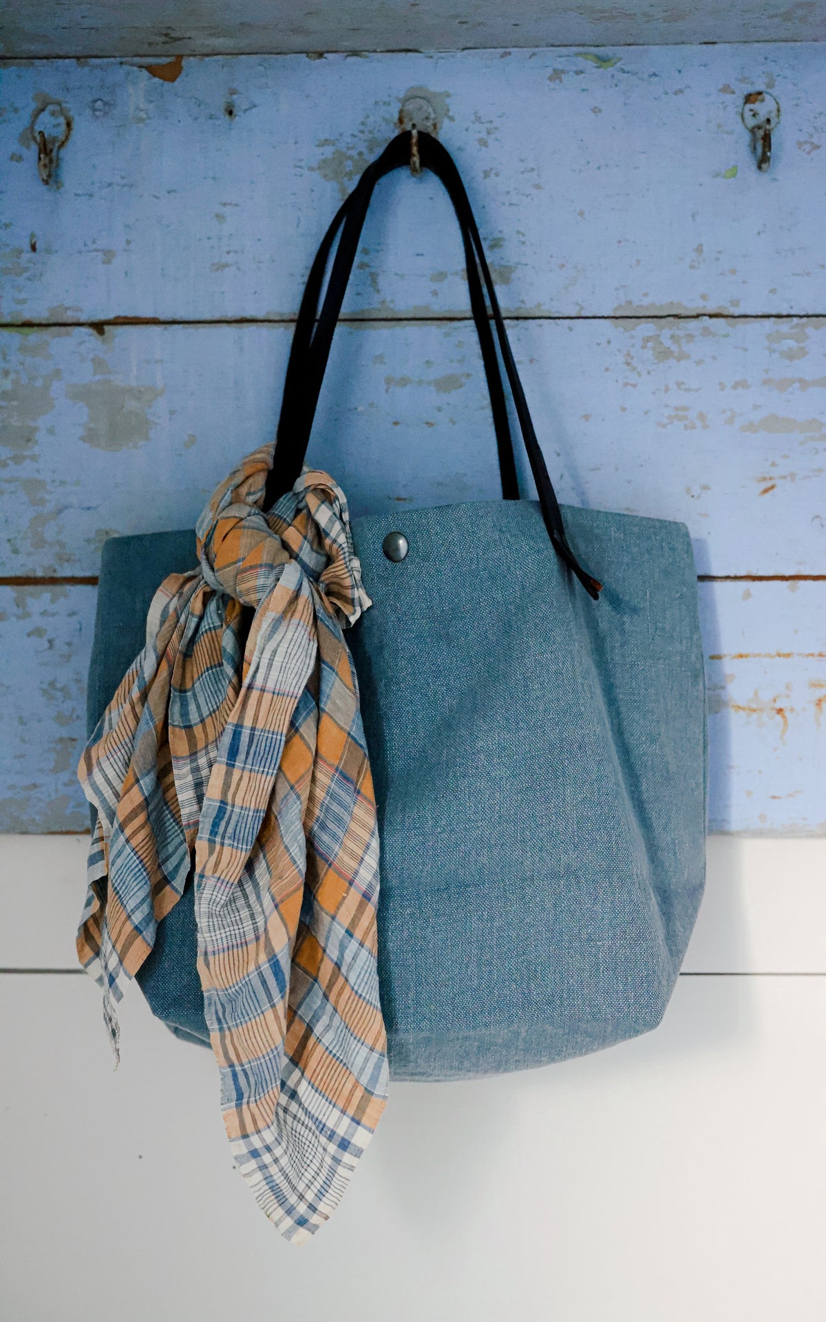 Vintage French Linen Tote with Horse Tack Leather Handles