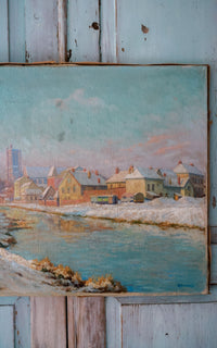 Vintage French Winter Scene Painting on Canvas