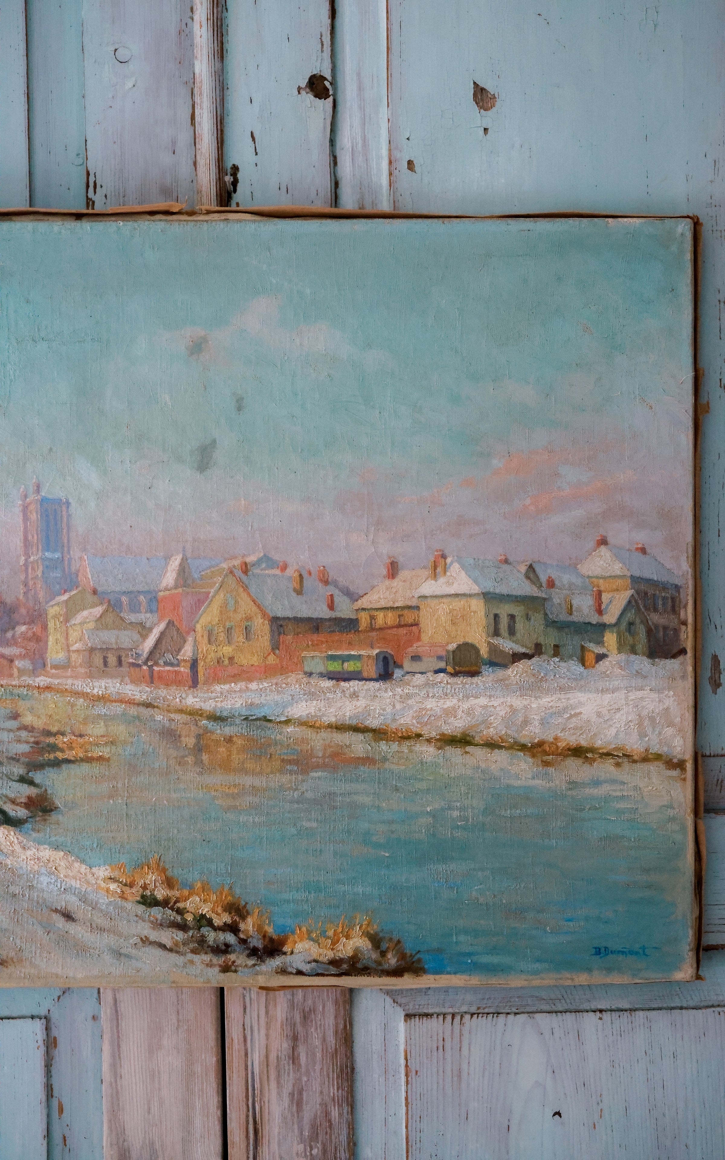 Vintage French Winter Scene Painting on Canvas