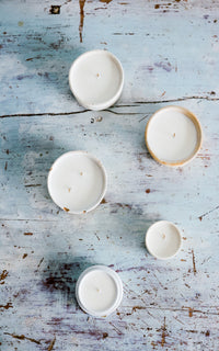 Set of Five Vintage English Stoneware Filled With Liz June's Atelier Lavender Essential Oil and Soy Wax Candles
