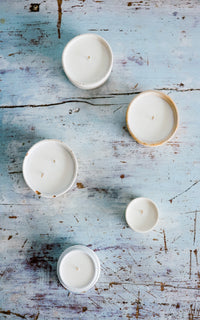 Set of Five Vintage English Stoneware Filled With Liz June's Atelier Lavender Essential Oil and Soy Wax Candles