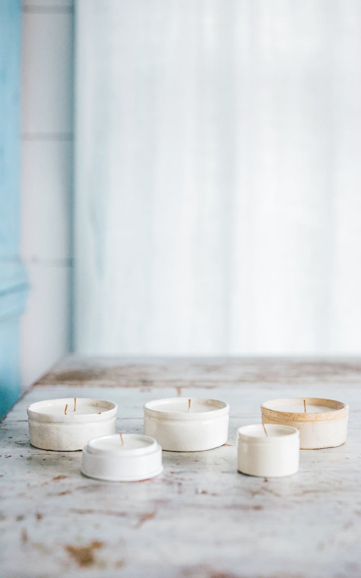 Set of Five Vintage English Stoneware Filled With Liz June's Atelier Lavender Essential Oil and Soy Wax Candles