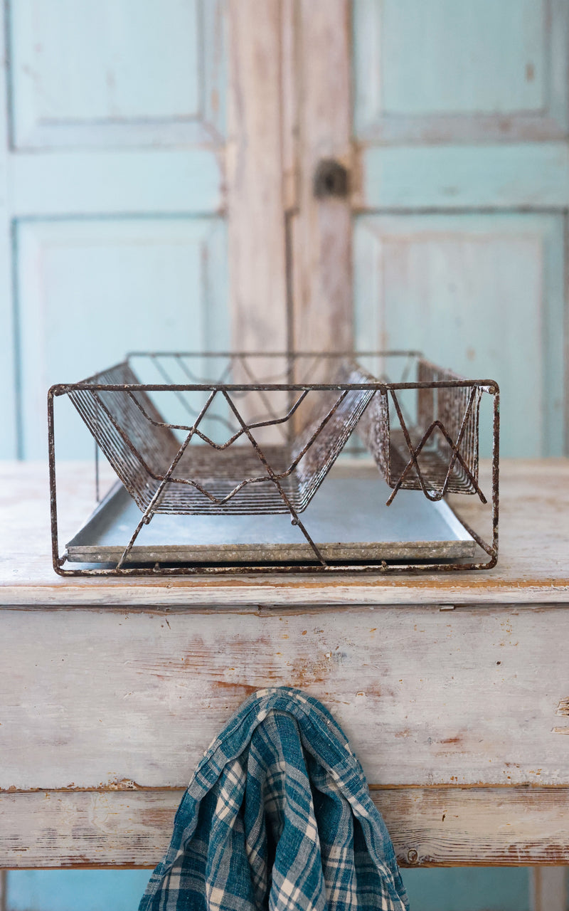 Vintage French Dish Rack with Zinc Drip Pan