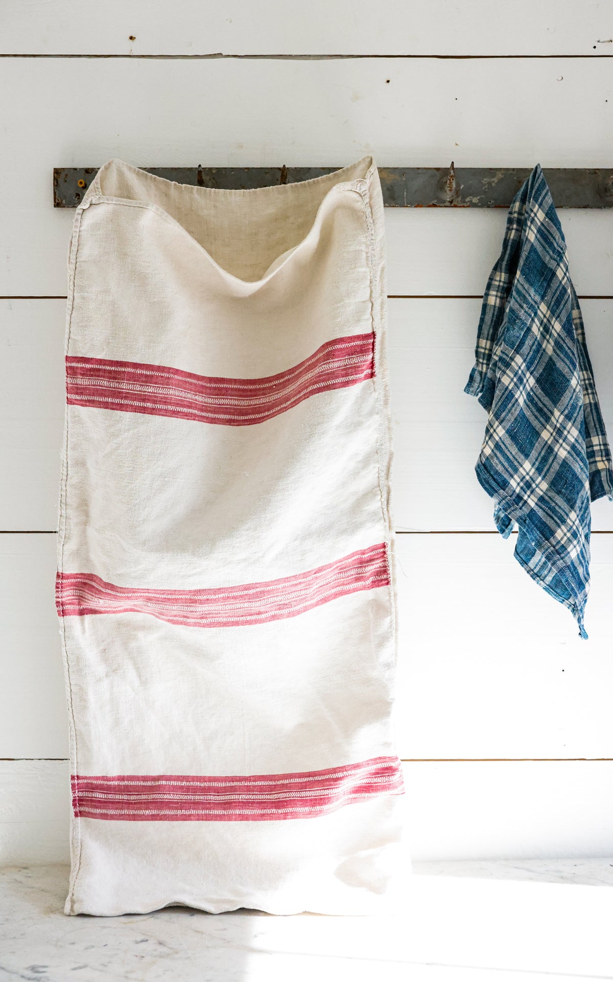 Vintage French Cranberry Red Striped Linen Flour Sack