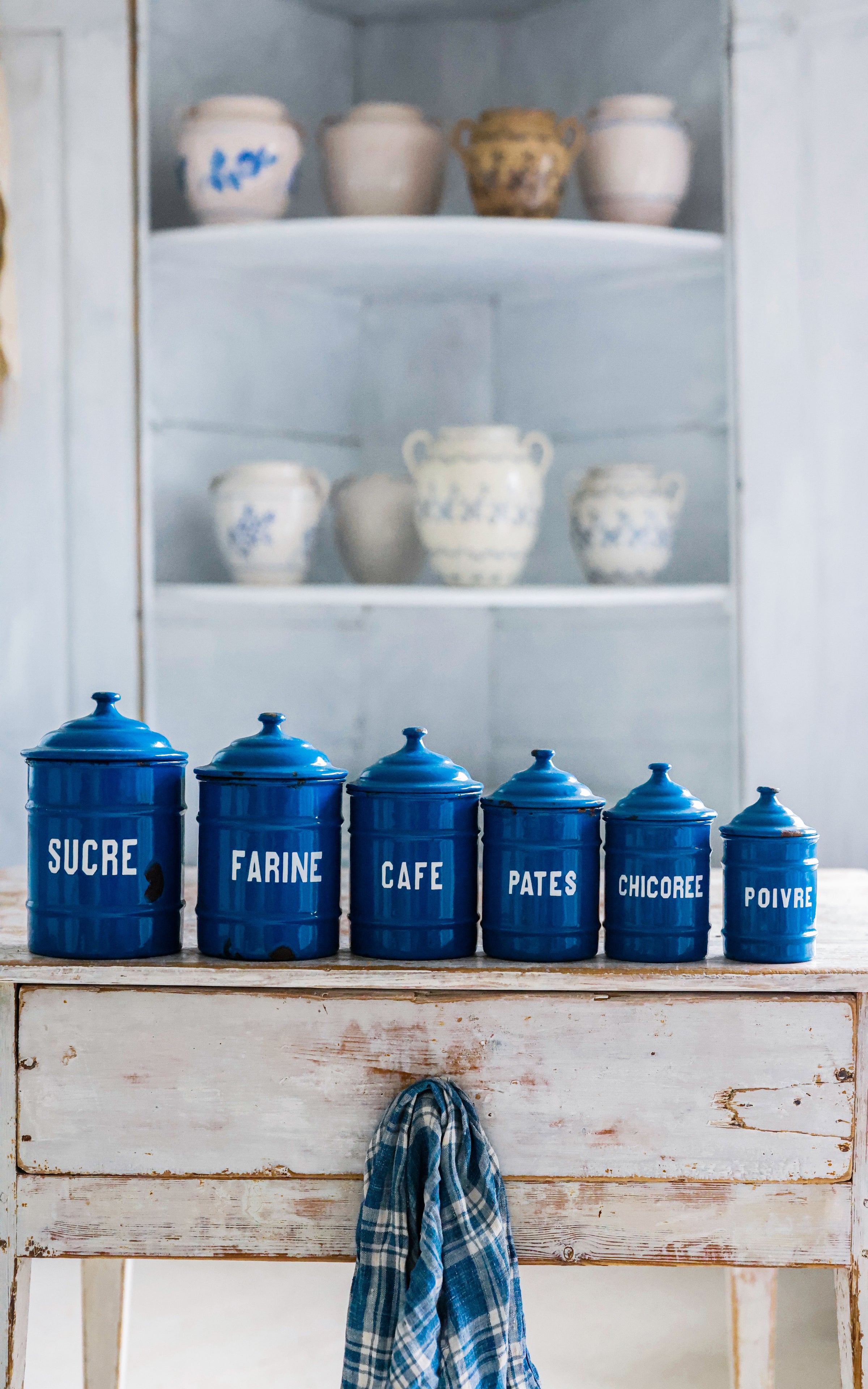 One Vintage French Enamelware Canister