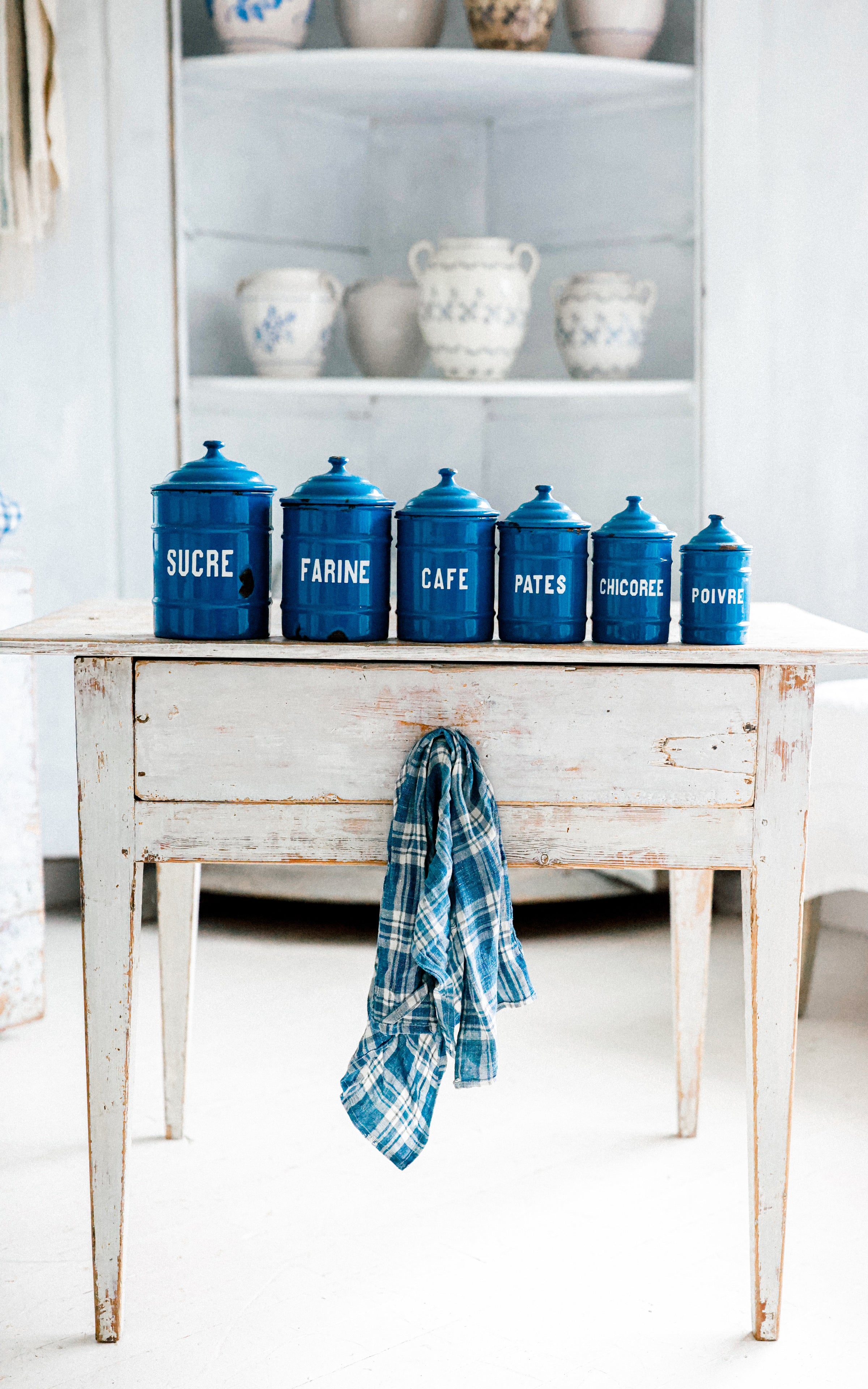One Vintage French Enamelware Canister