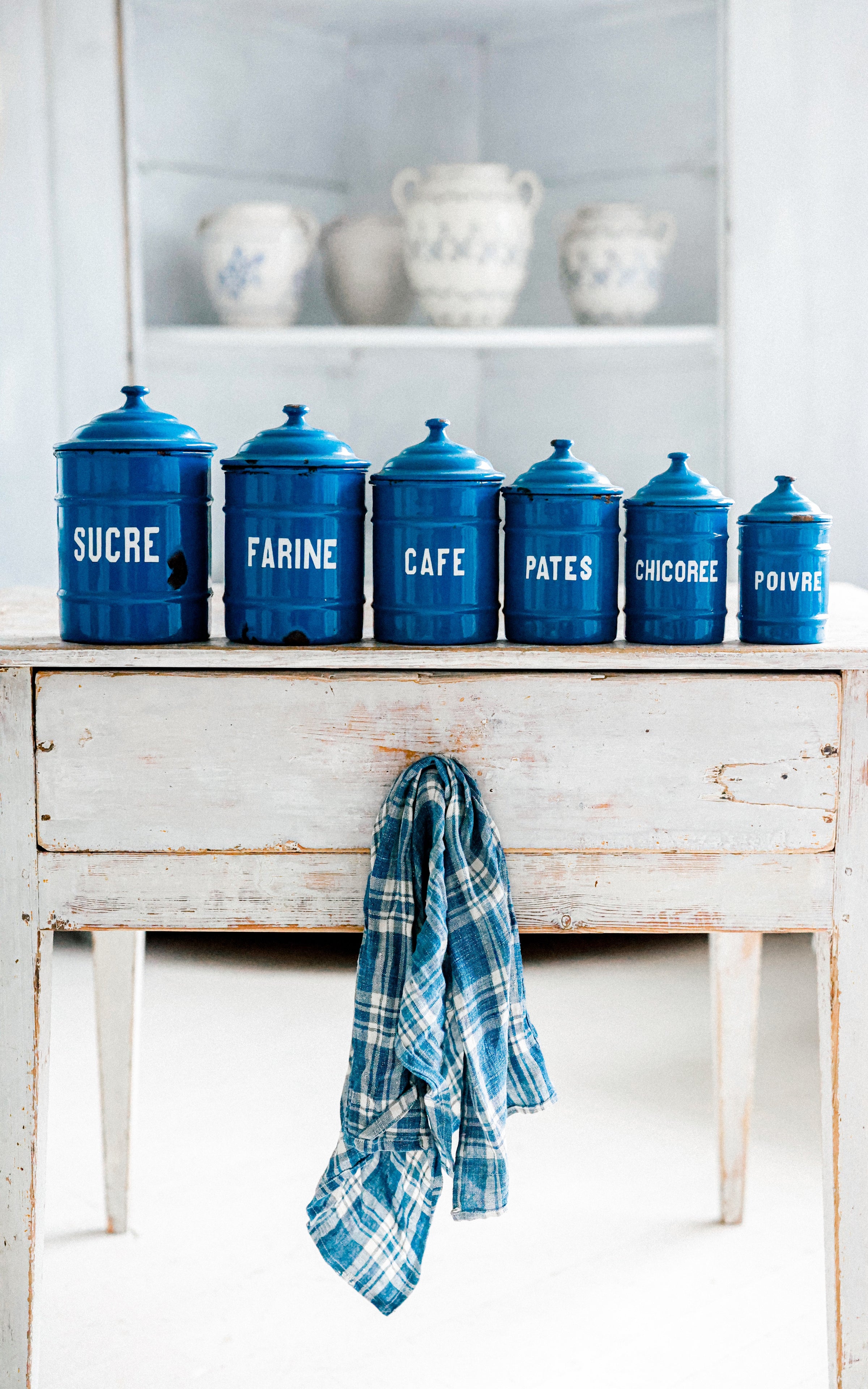 One Vintage French Enamelware Canister