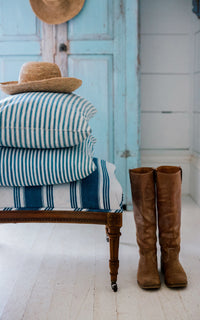 Vintage French Ticking Upholstered Ottoman