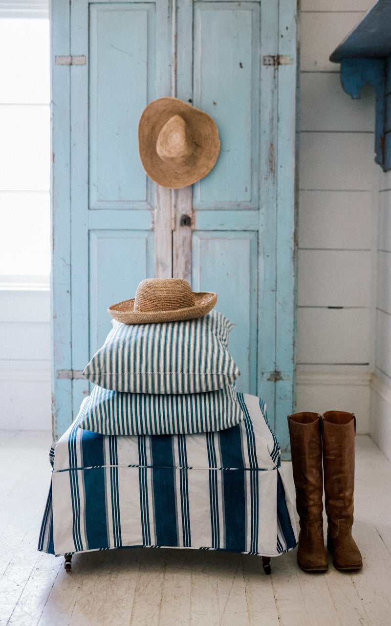 Vintage French Ticking Upholstered Ottoman