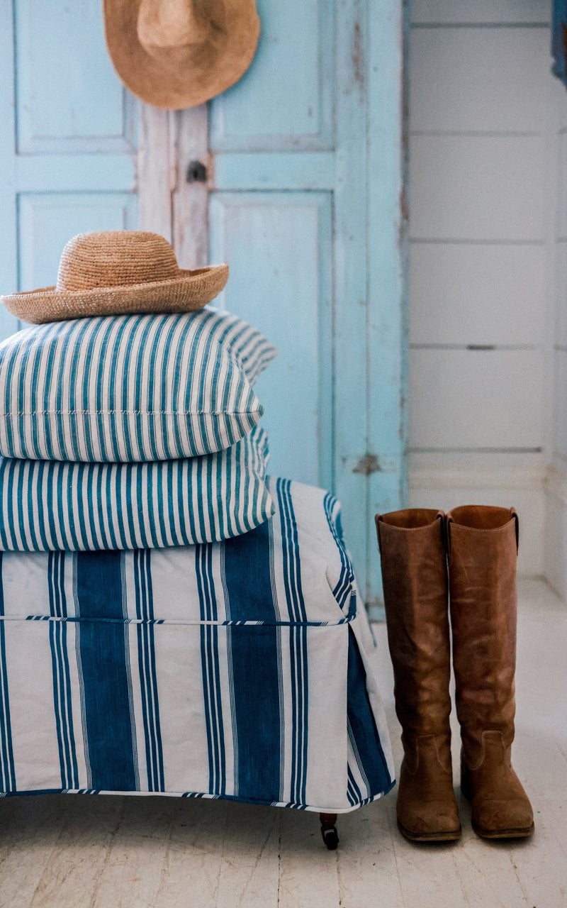 Vintage French Ticking Upholstered Ottoman