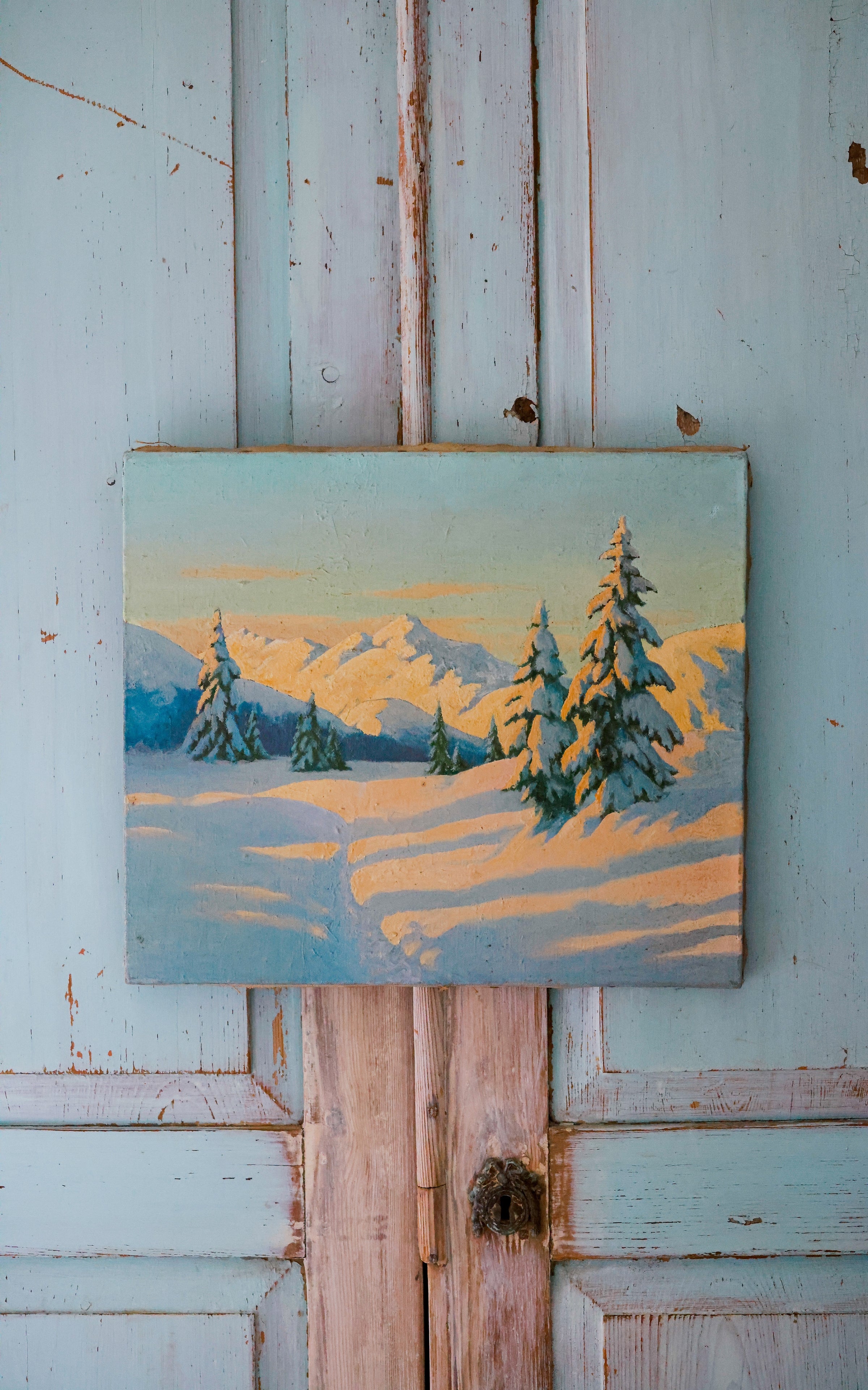 Vintage French Winter Wonderland Painting on Canvas