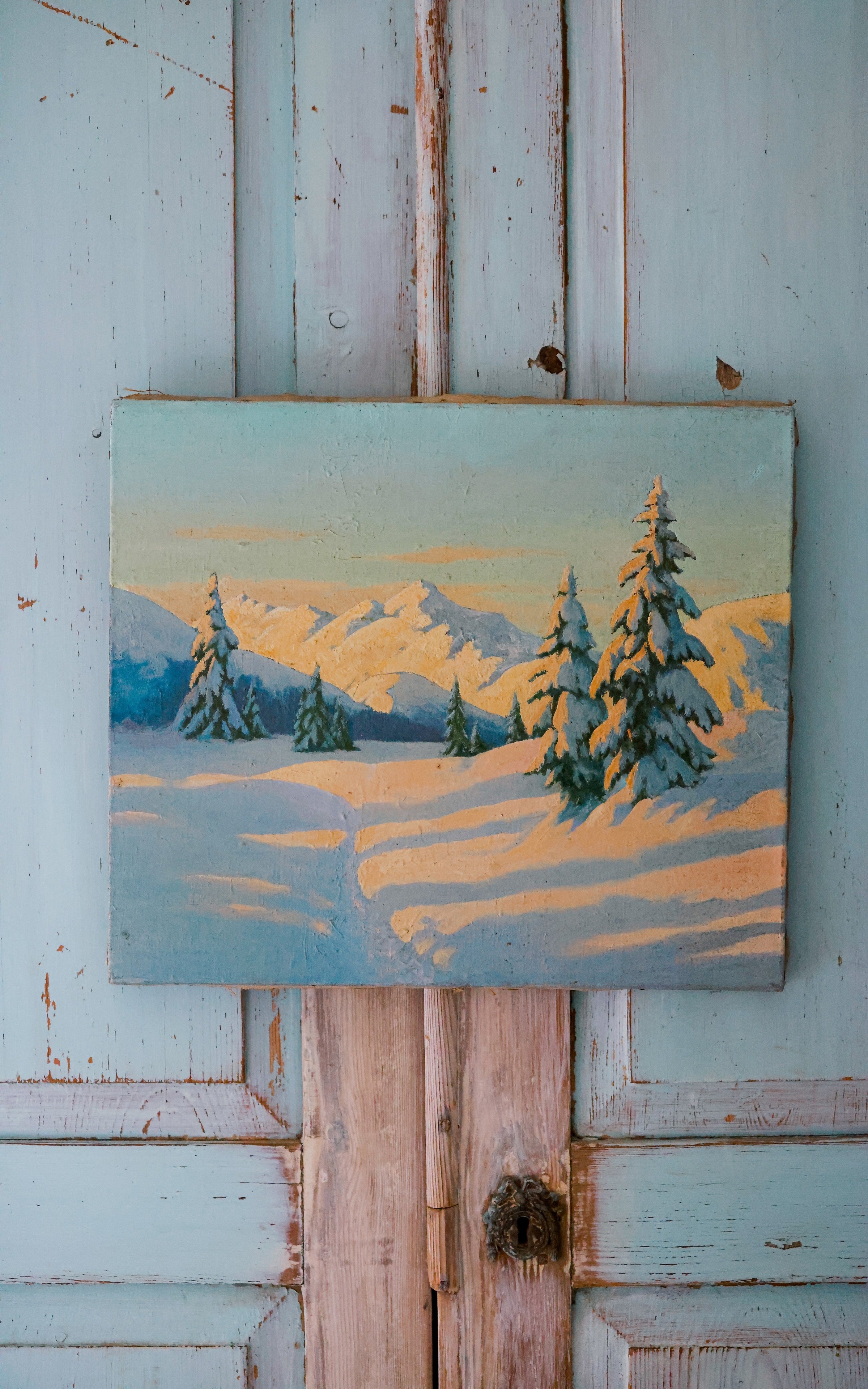 Vintage French Winter Wonderland Painting on Canvas