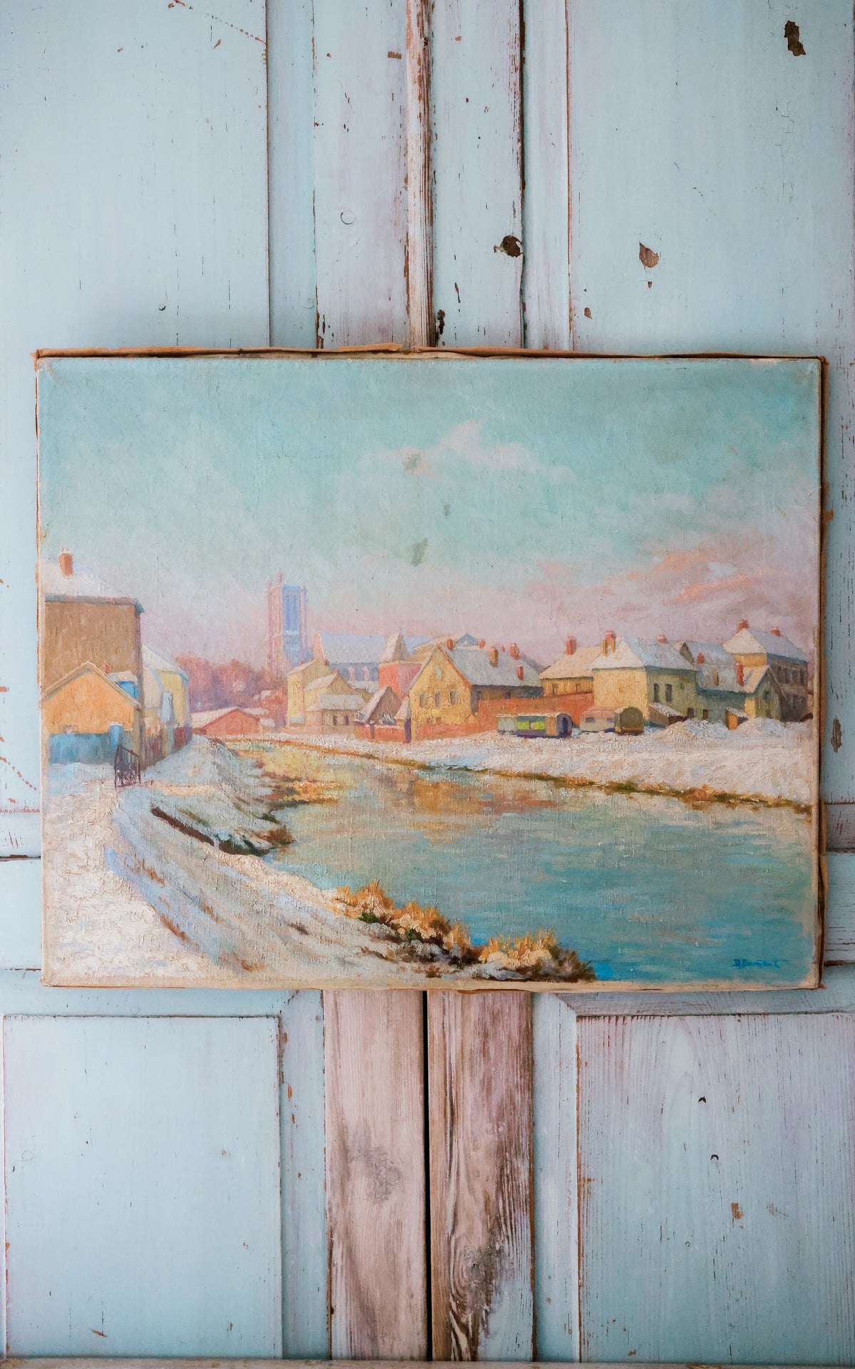 Vintage French Winter Scene Painting on Canvas