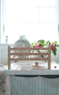 Vintage Swedish Dish Rack, Iris Hantverk Dish Brush, and Liz June's Atelier Dish Soap in Stone Pot