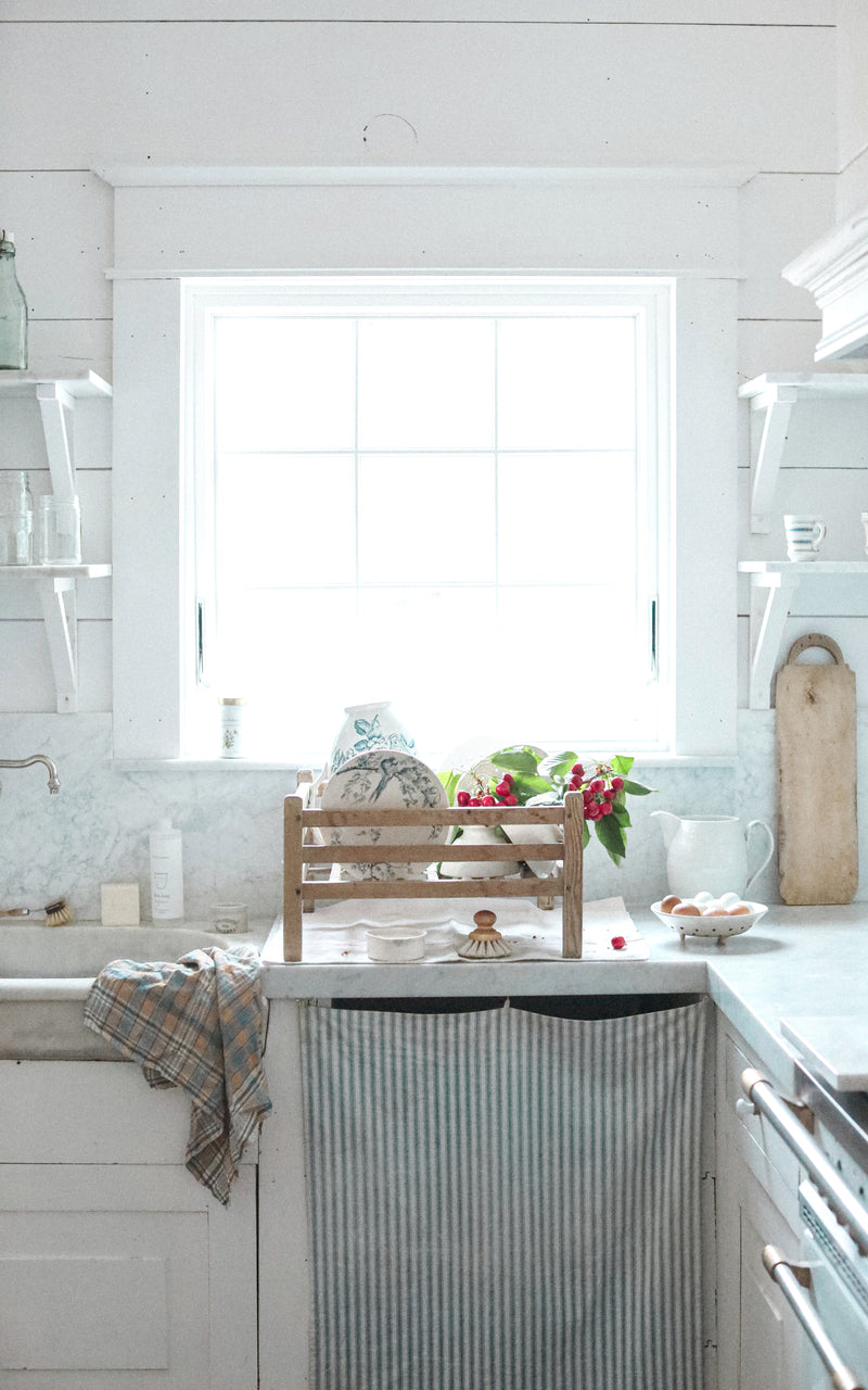 Vintage Swedish Dish Rack, Iris Hantverk Dish Brush, and Liz June's Atelier Dish Soap in Stone Pot