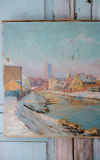 Vintage French Winter Scene Painting on Canvas
