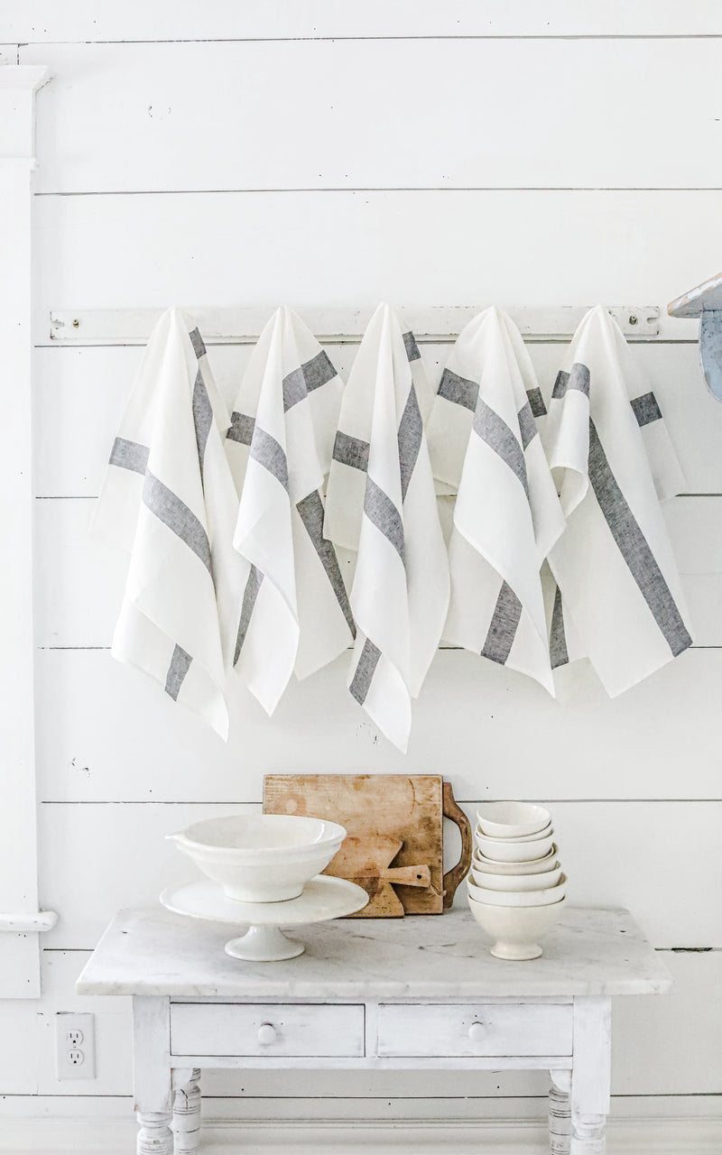 Black Striped Porticcio Belgian Linen Kitchen Tea Towel – Dreamy Whites